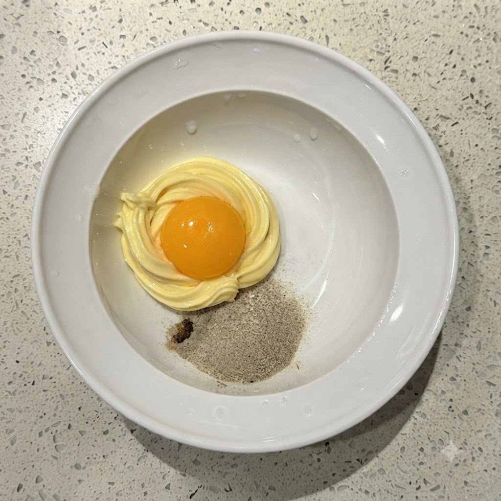 Un jaune dœuf jaune vif reposant au sommet dune spirale de mayonnaise et de poudre dassaisonnement dans un bol blanc.