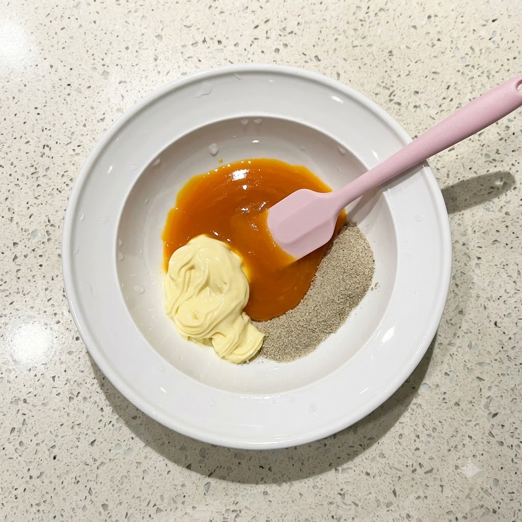 Une spatule en silicone rose mélangeant lassaisonnement, la mayonnaise et le jaune dœuf pour former une sauce orange onctueuse dans un bol blanc.