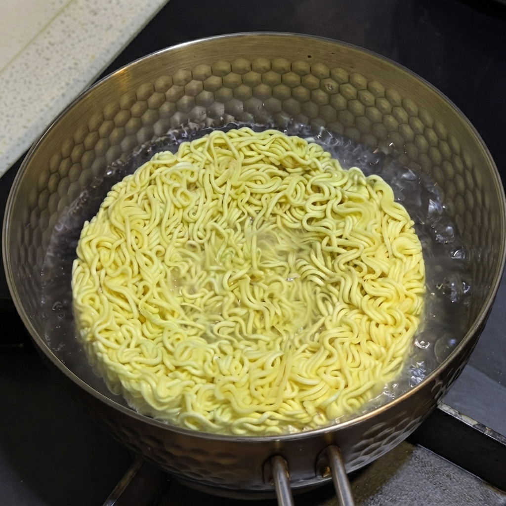 Un bloc de ramen instantané jaune bouillant dans de leau frémissante à lintérieur dune casserole en métal à motifs sur la cuisinière.