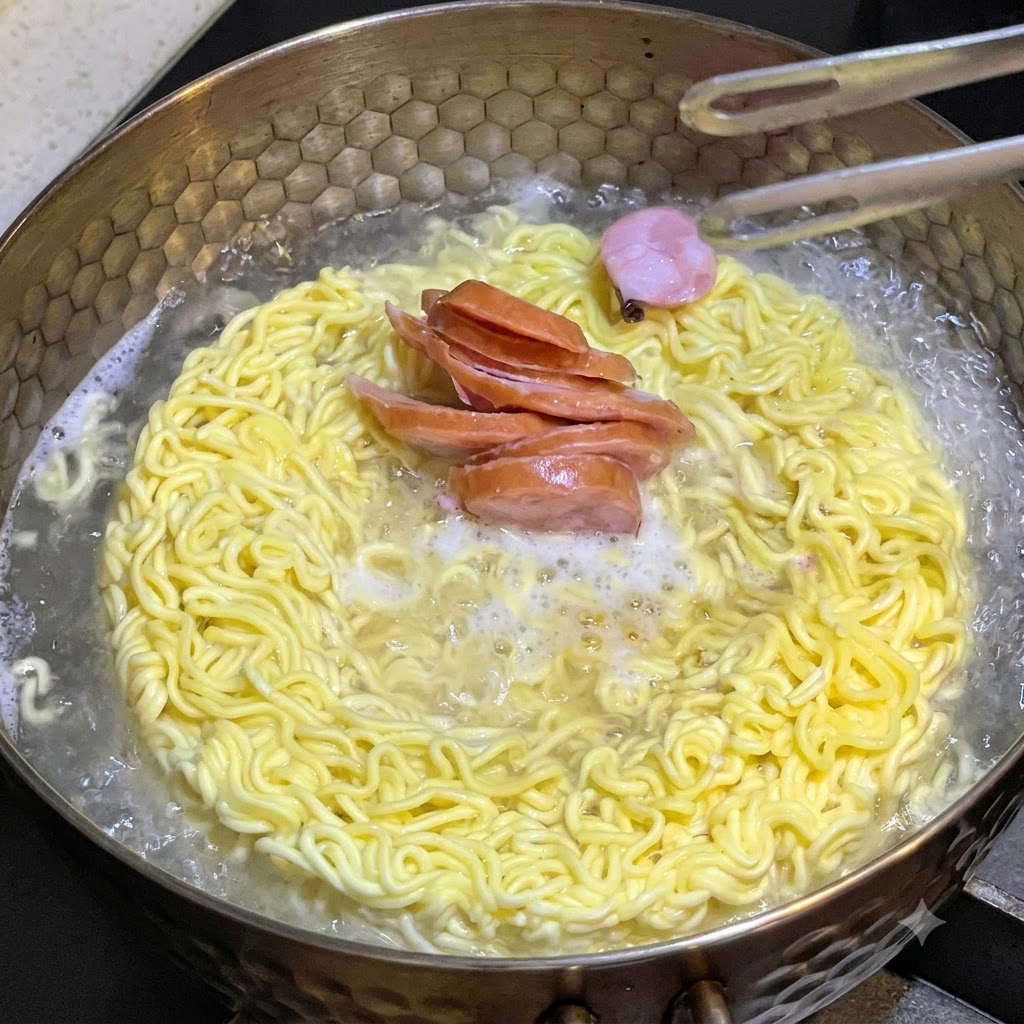 Des tranches de saucisses et un morceau de gâteau de poisson placés avec des pinces en métal dans une casserole de nouilles ramen instantanées bouillantes.