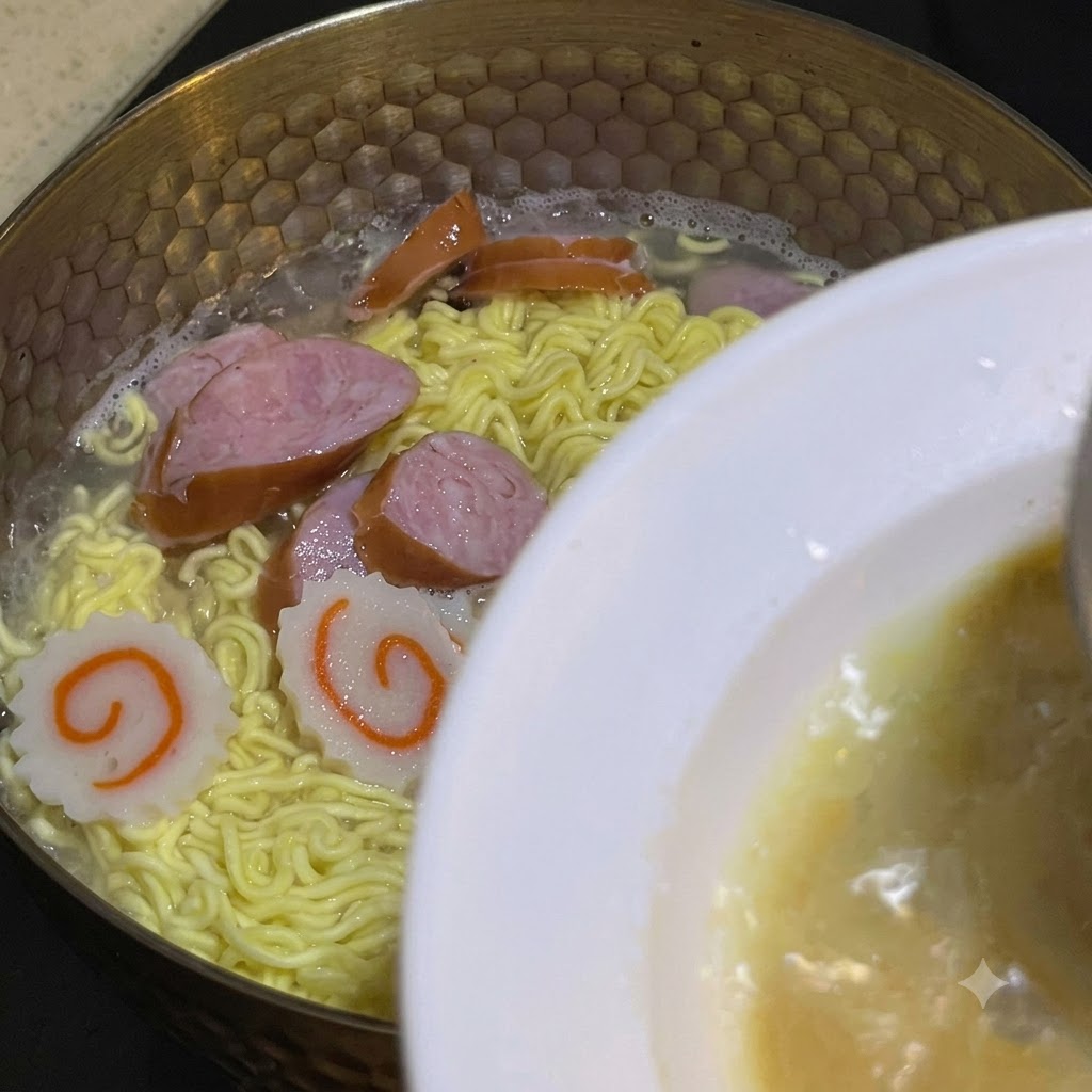 Une louche puisant du bouillon chaud de la casserole de cuisson vers un bol blanc contenant la sauce.