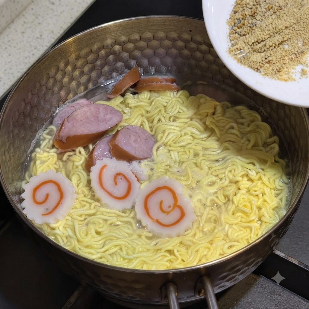 La sauce assaisonnée et mélangée versée dune assiette blanche dans la casserole de nouilles bouillantes.