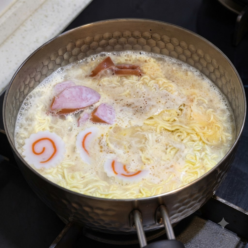 Du blanc dœuf versé dans la casserole de nouilles et de saucisses frémissantes.