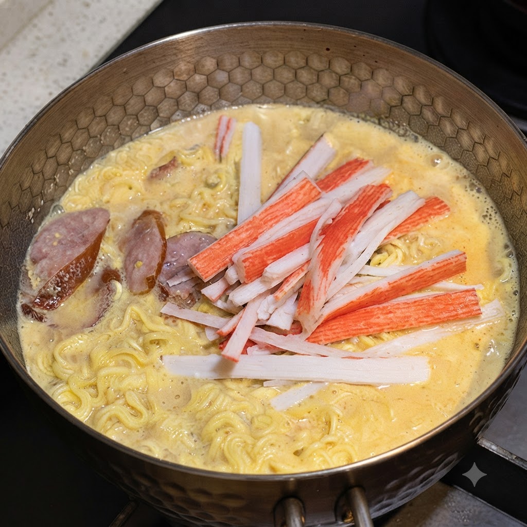 Des bâtonnets de surimi effilochés éparpillés sur le dessus des nouilles frémissantes dans la casserole.