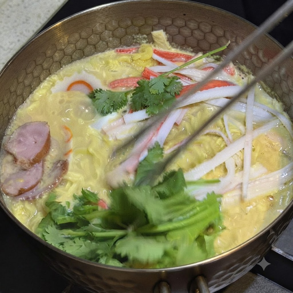 De la coriandre fraîche disposée sur le dessus des nouilles ramen cuites à laide de pinces.