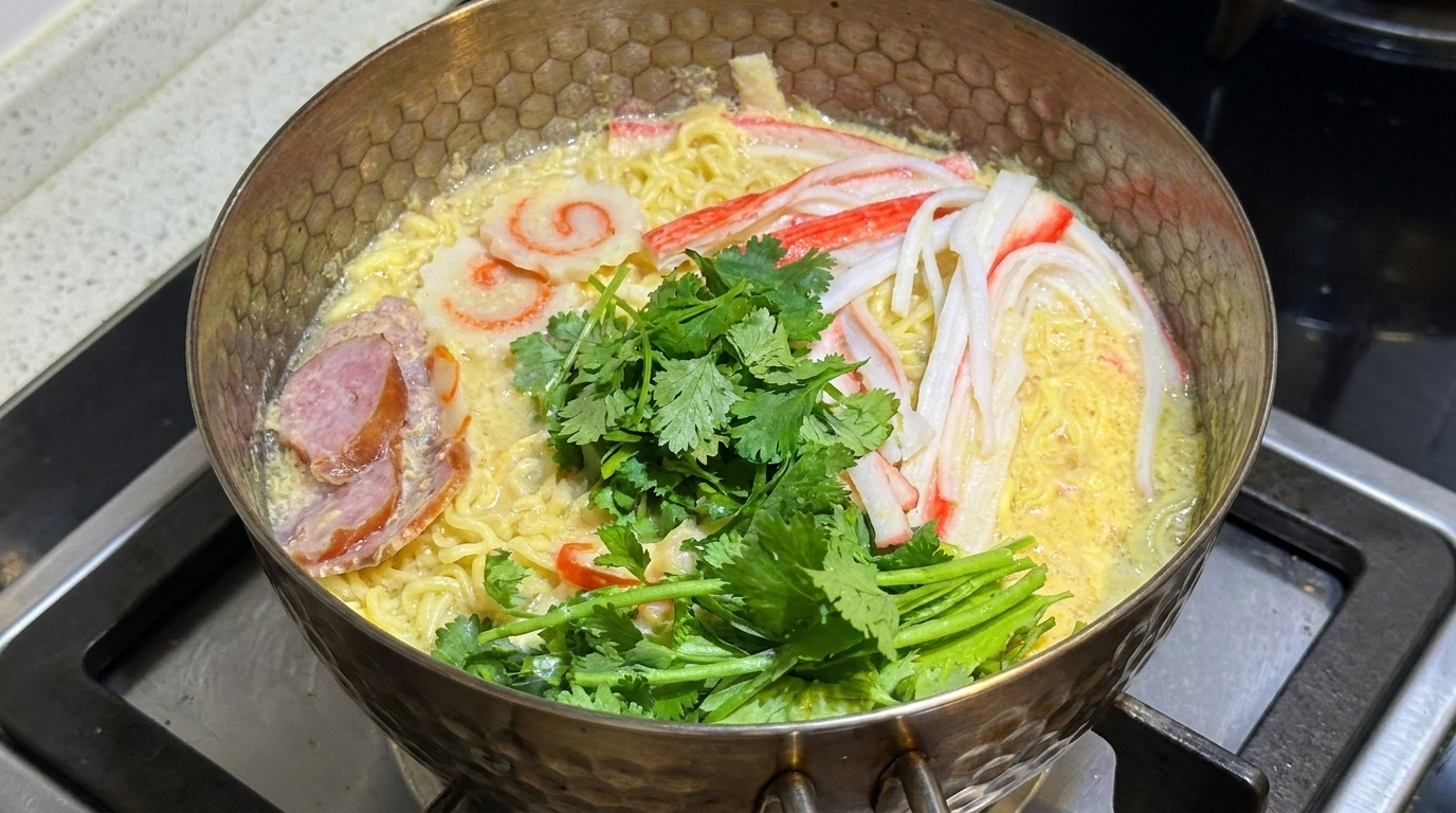 Une casserole de ramen instantanés cuits surmontée de rondelles de saucisses, de bâtonnets de surimi et de coriandre fraîche dans un bouillon crémeux.