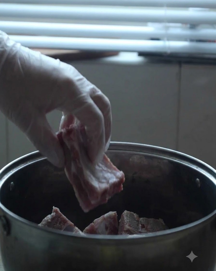 Pieds de porc et os de jambe ajoutés dans une grande marmite en métal.