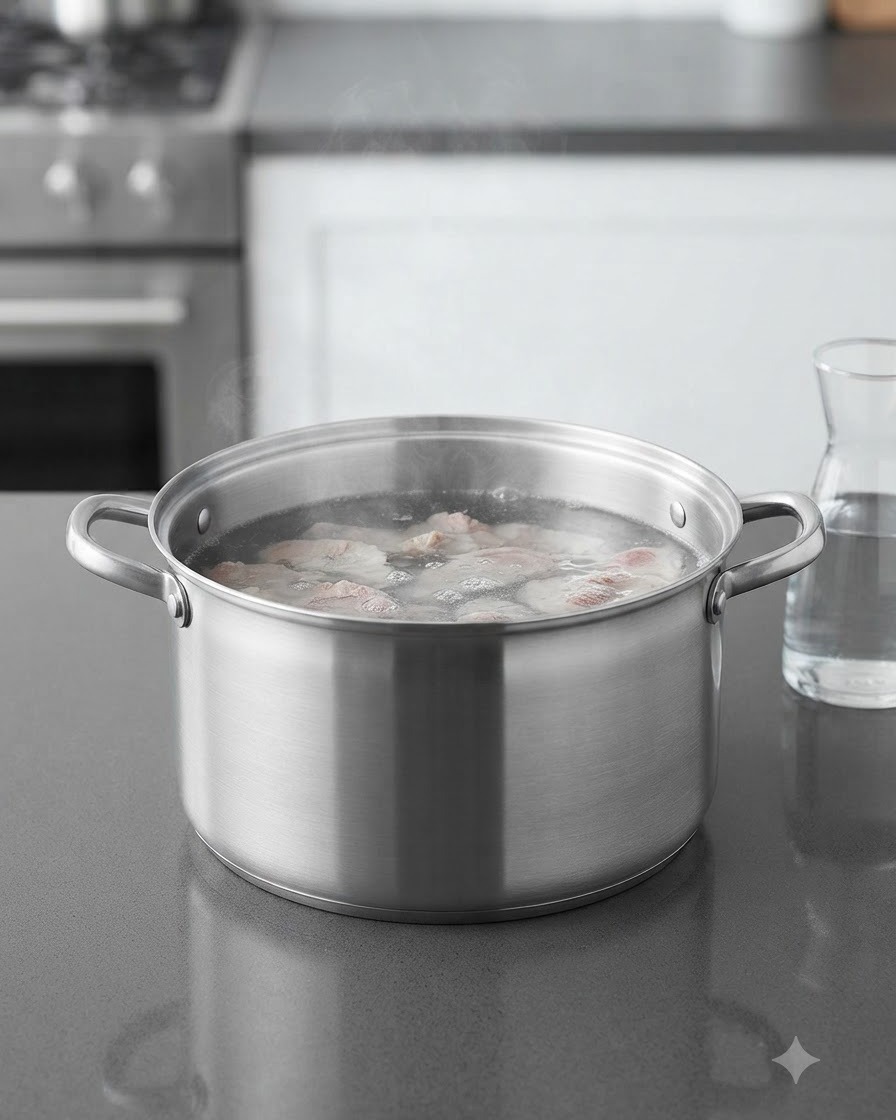 Eau filtrée versée dans un grand fait-tout rempli dos de porc.