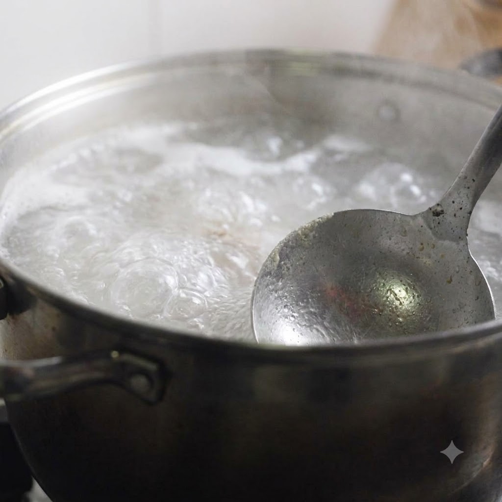 Une écumoire à mailles fines retirant la mousse blanche dun bouillon frémissant.