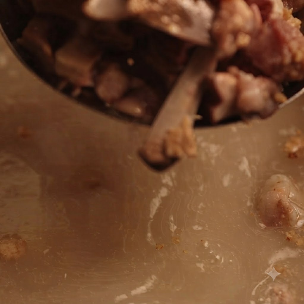 Os de porc cuits retirés du bouillon à laide dustensiles de cuisine.