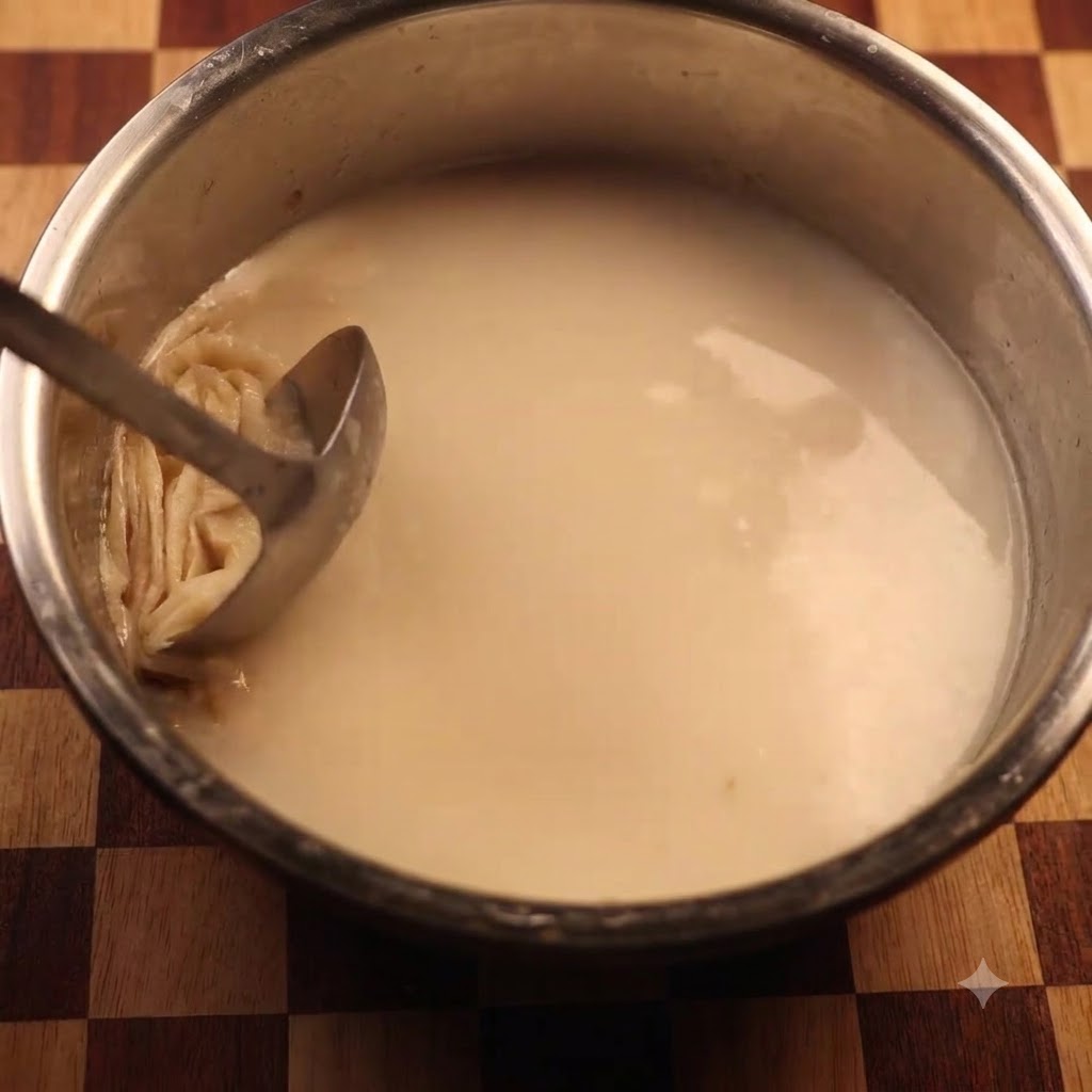 Une louche retirant une fine couche dhuile sur le dessus dune soupe dos de porc blanche laiteuse dans une casserole en métal.
