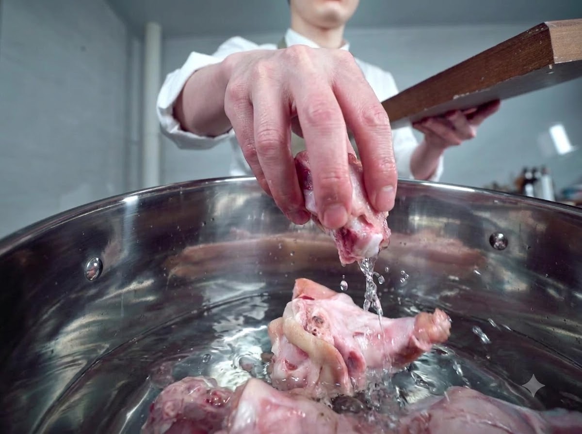 Os et pieds de porc cru places dans une casserole en acier inoxydable remplie deau froide.