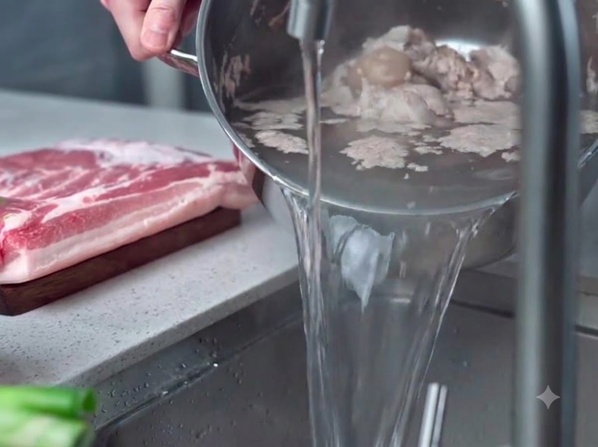 Bol en metal contenant des os de porc blanchis et de lecume rinces sous leau courante dans unevier de cuisine.