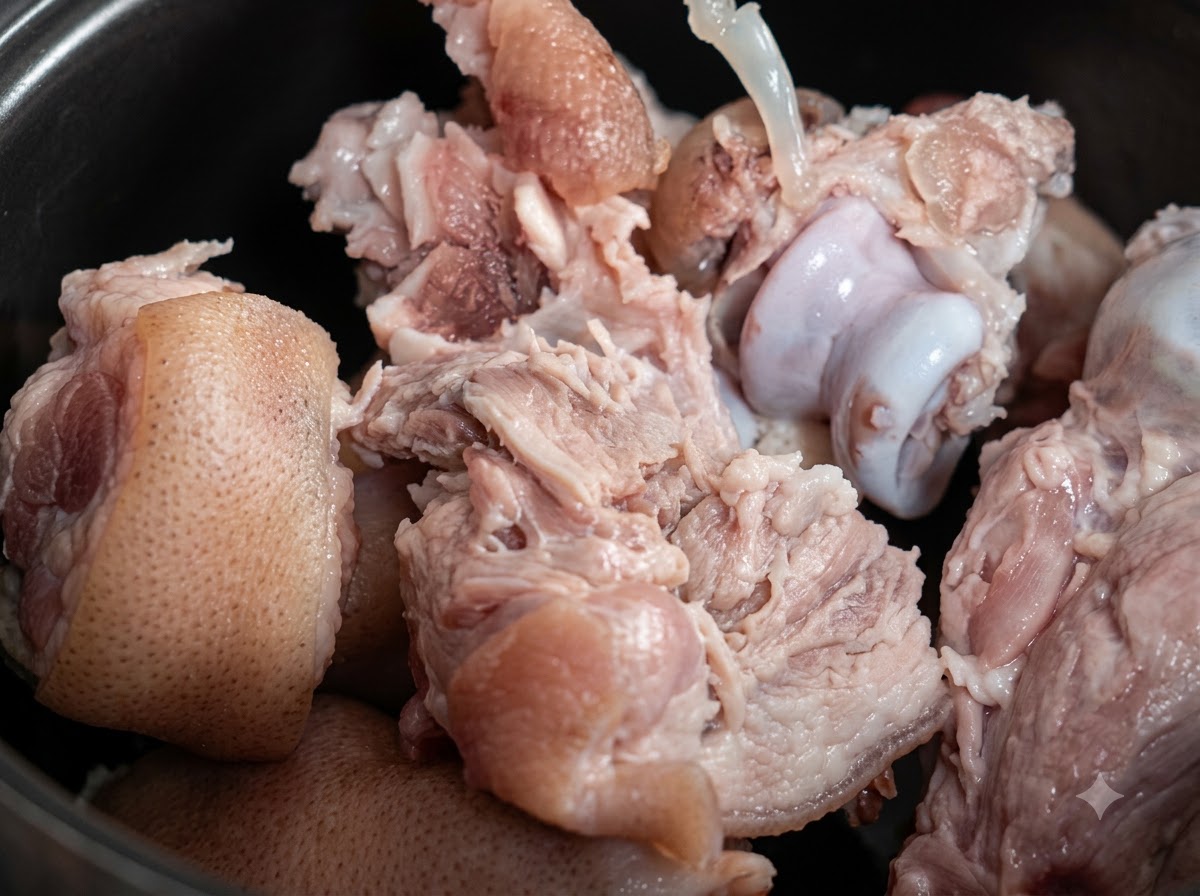 Vue rapprochee dos de porc nettoyes et de cartilage mijotant a linterieur dune casserole profonde.