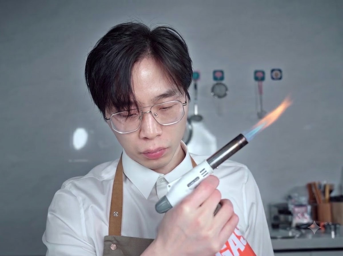 Une personne portant des lunettes et un uniforme de chef blanc tenant un chalumeau de cuisine allume.
