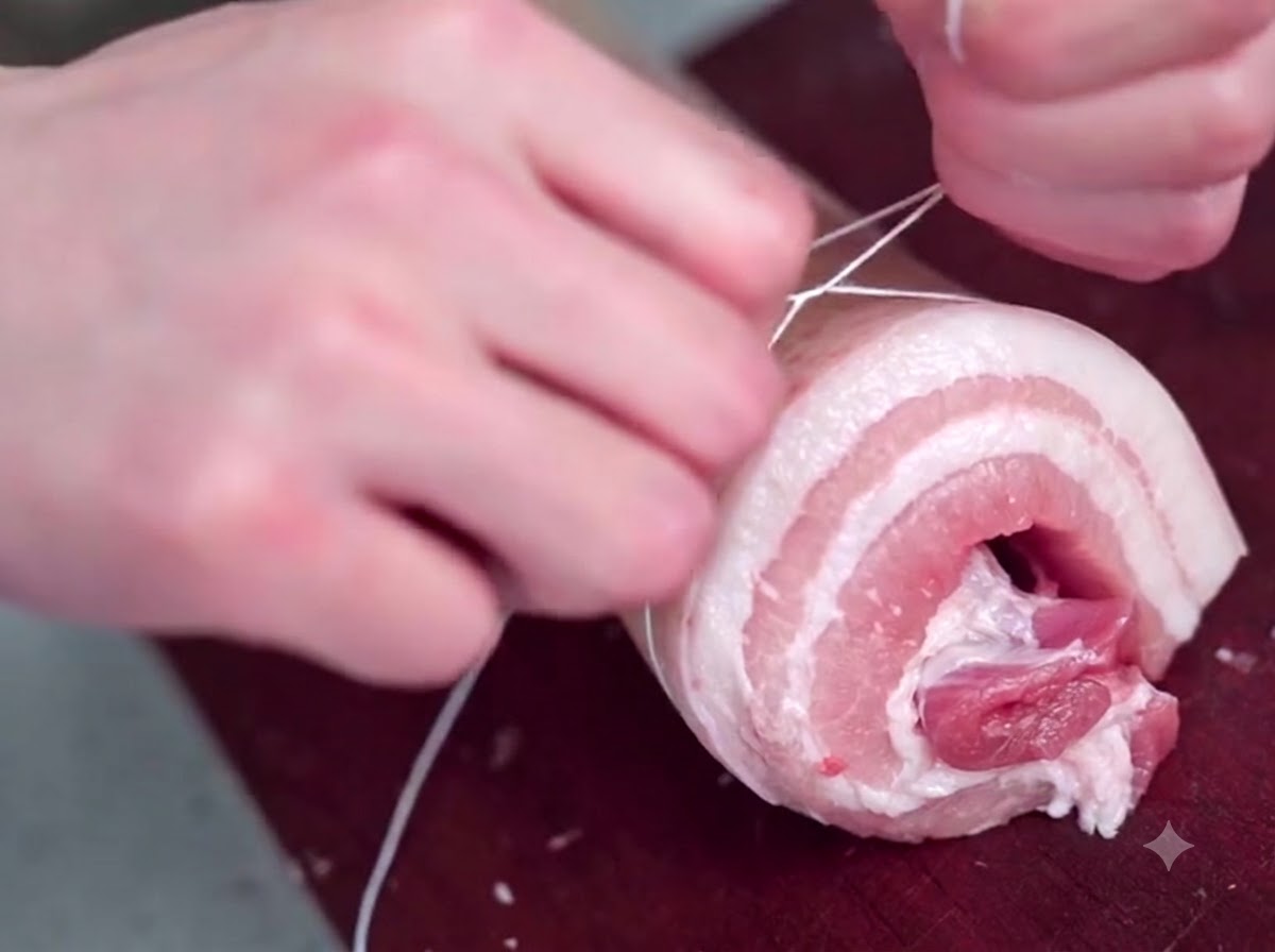 Une paire de mains enroulant fermement de la ficelle de boucher autour dun morceau roule de poitrine de porc crue.