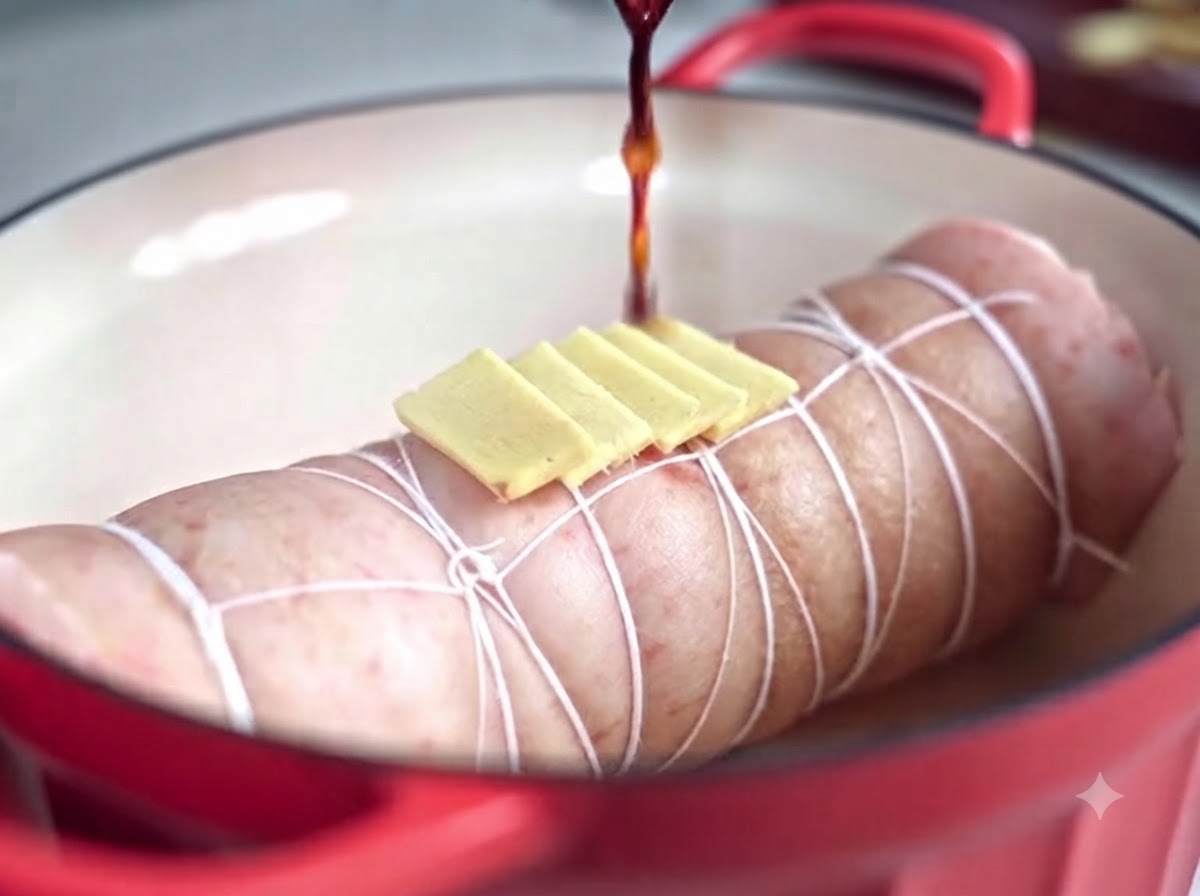 Une marinade liquide foncee versee par-dessus un rouleau de poitrine de porc ficele garni de tranches de gingembre dans une casserole.
