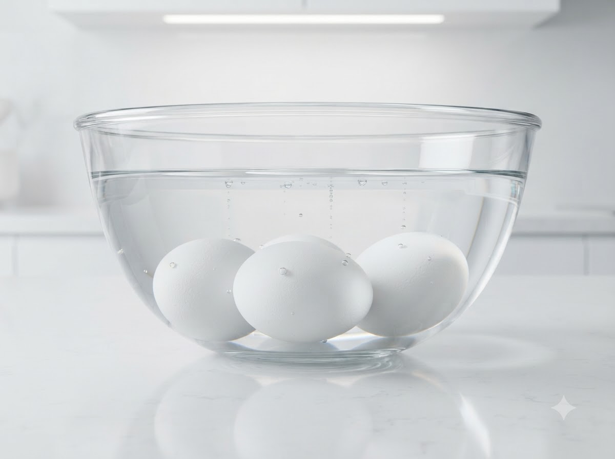 Trois œufs bouillis immerges dans un bol en verre transparent rempli deau froide et de glace.