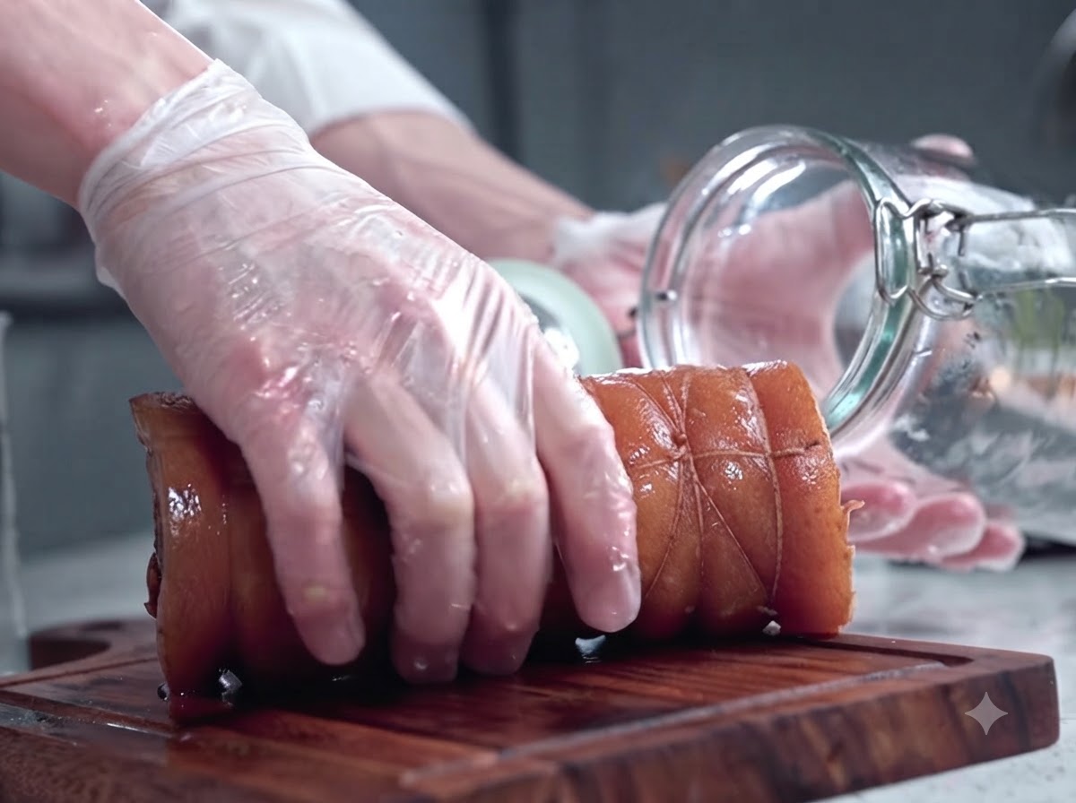 Mains gantees transferant un rouleau de poitrine de porc cuit et ficele dans un grand bocal en verre transparent sur une planche en bois.
