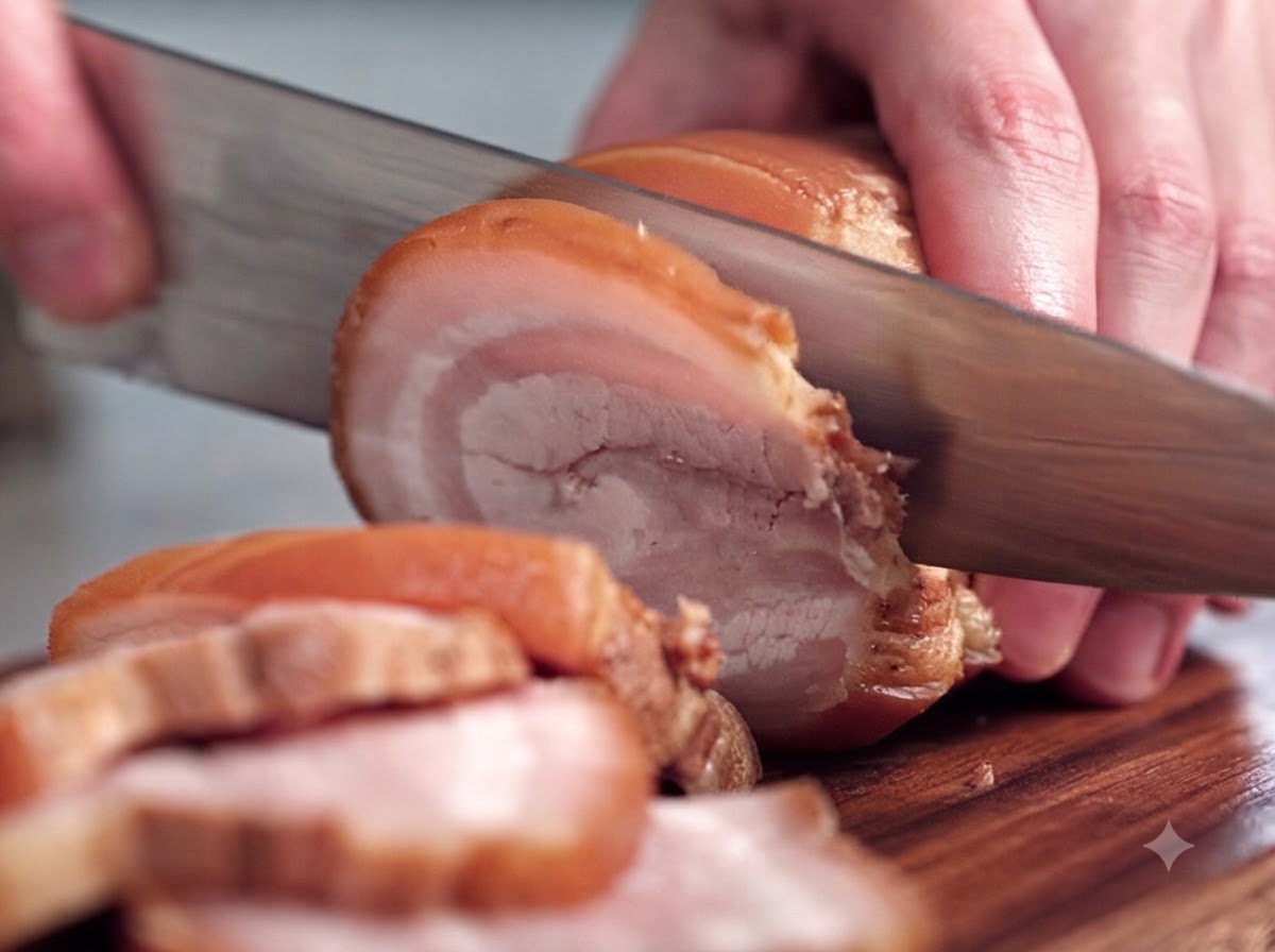 Gros plan dun couteau affute tranchant un rouleau de poitrine de porc marine et ficele en epais morceaux circulaires sur une planche a decouper.