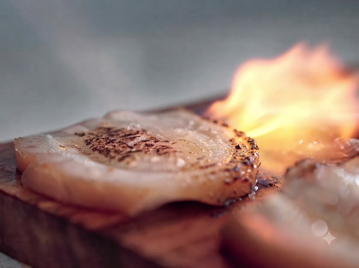 Un chalumeau de cuisine dirige vers une tranche de chashu de porc reposee sur une planche en bois, produisant une flamme vive et brunissant la surface.