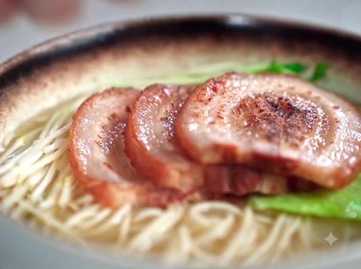 Vue rapprochee dun bol de ramen acheve presentant des nouilles dans un bouillon garni de tranches de chashu grillees qui se chevauchent et de legumes frais.