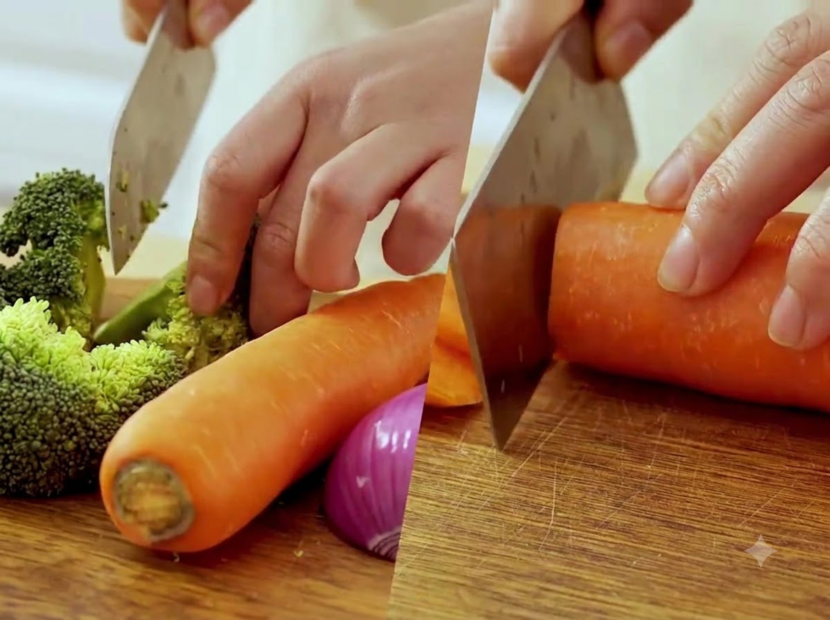 Une paire de mains coupant des fleurets de brocoli et des morceaux de carottes sur une planche à découper en bois.