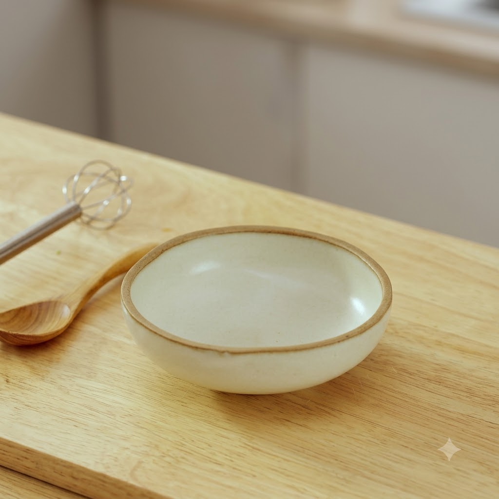 Un bol en céramique vide avec un petit fouet et une cuillère en bois posés sur une surface en bois.