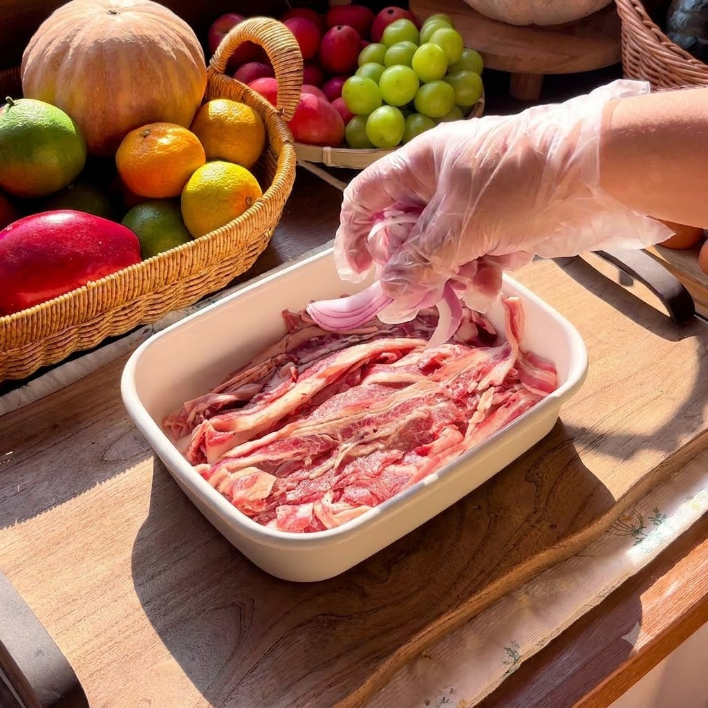 Tranches fines de bœuf disposées dans un plat blanc rectangulaire avec des oignons rouges tranchés sur le dessus.