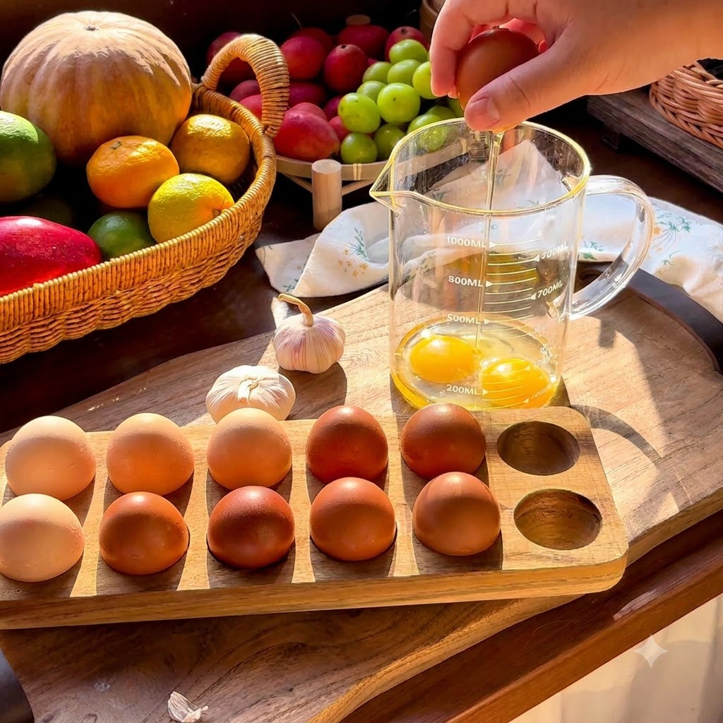 Œufs cassés dans une tasse à mesurer en verre avec du poivre noir et du sel pour lassaisonnement.
