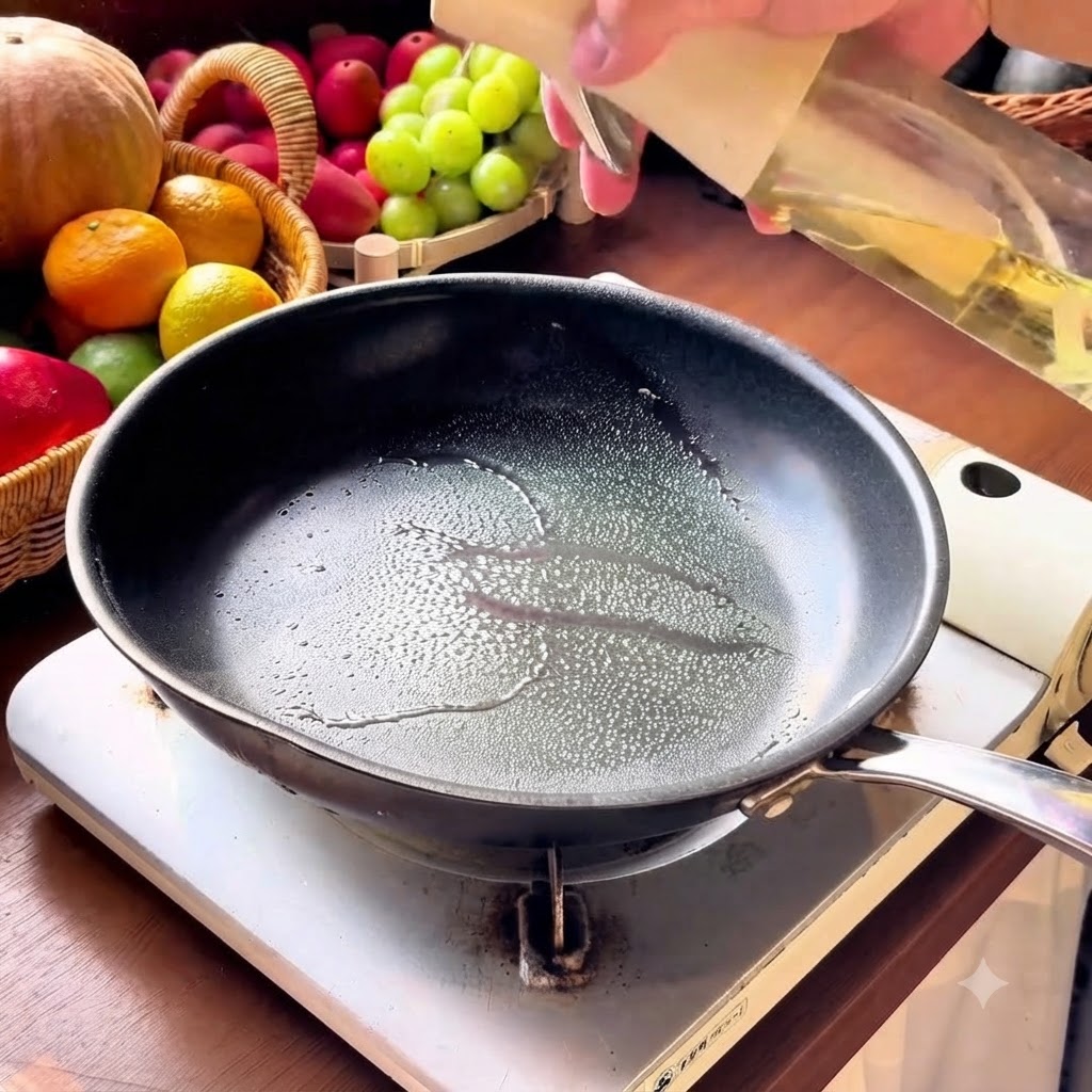 Bâtonnets de surimi effilochés disposés sur des œufs en train de cuire dans une poêle antiadhésive chaude.