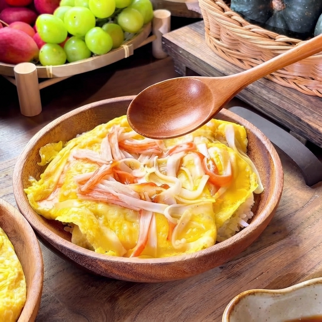 Une cuillère en bois versant une sauce savoureuse foncée sur un lit doré dœufs brouillés et de riz à lintérieur dun bol en bois.