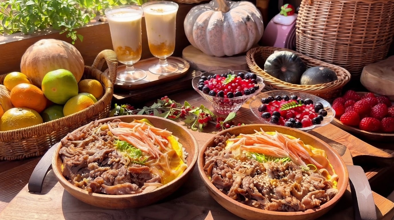 Bol de Riz d'Automne au Bœuf et Œufs Brouillés au Surimi avec Lait de Citrouille à l'Osmanthus