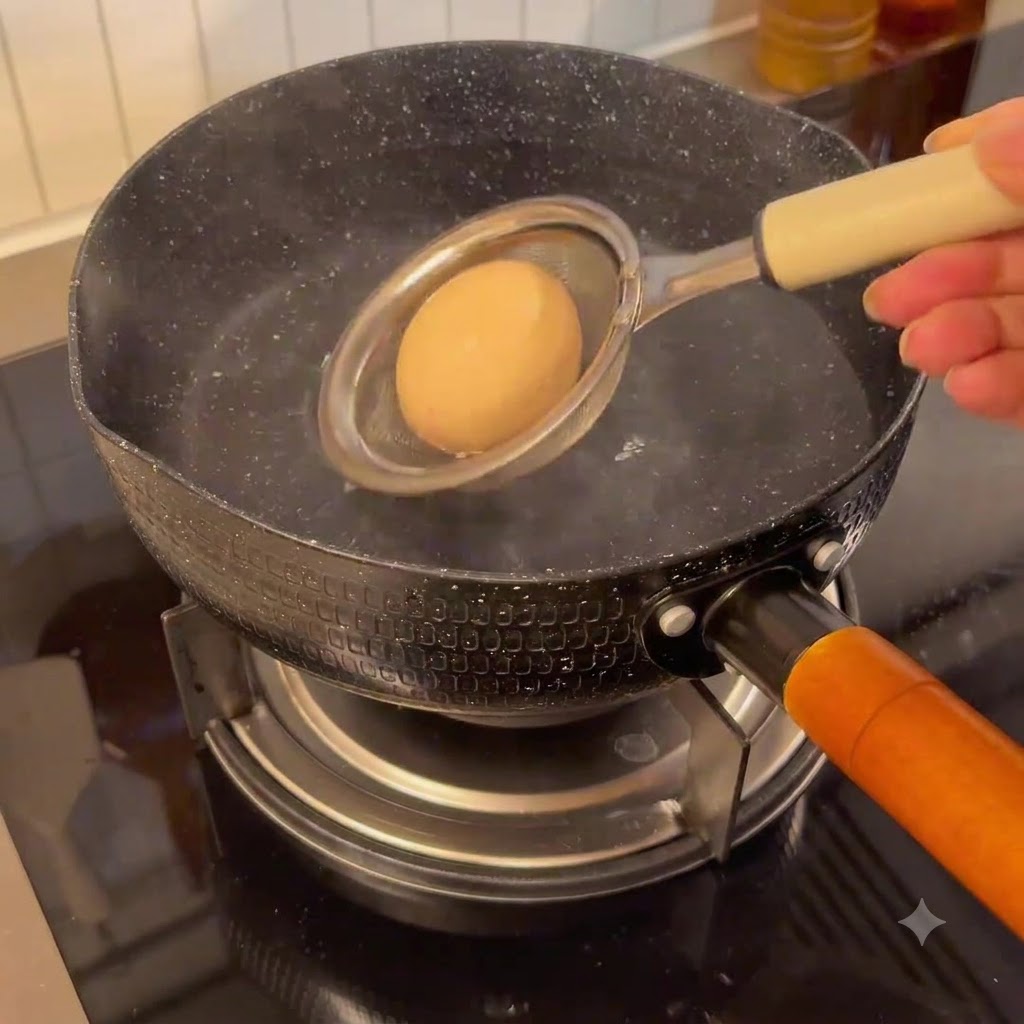 Un œuf retiré dune casserole deau bouillante à laide dune cuillère écumoire.