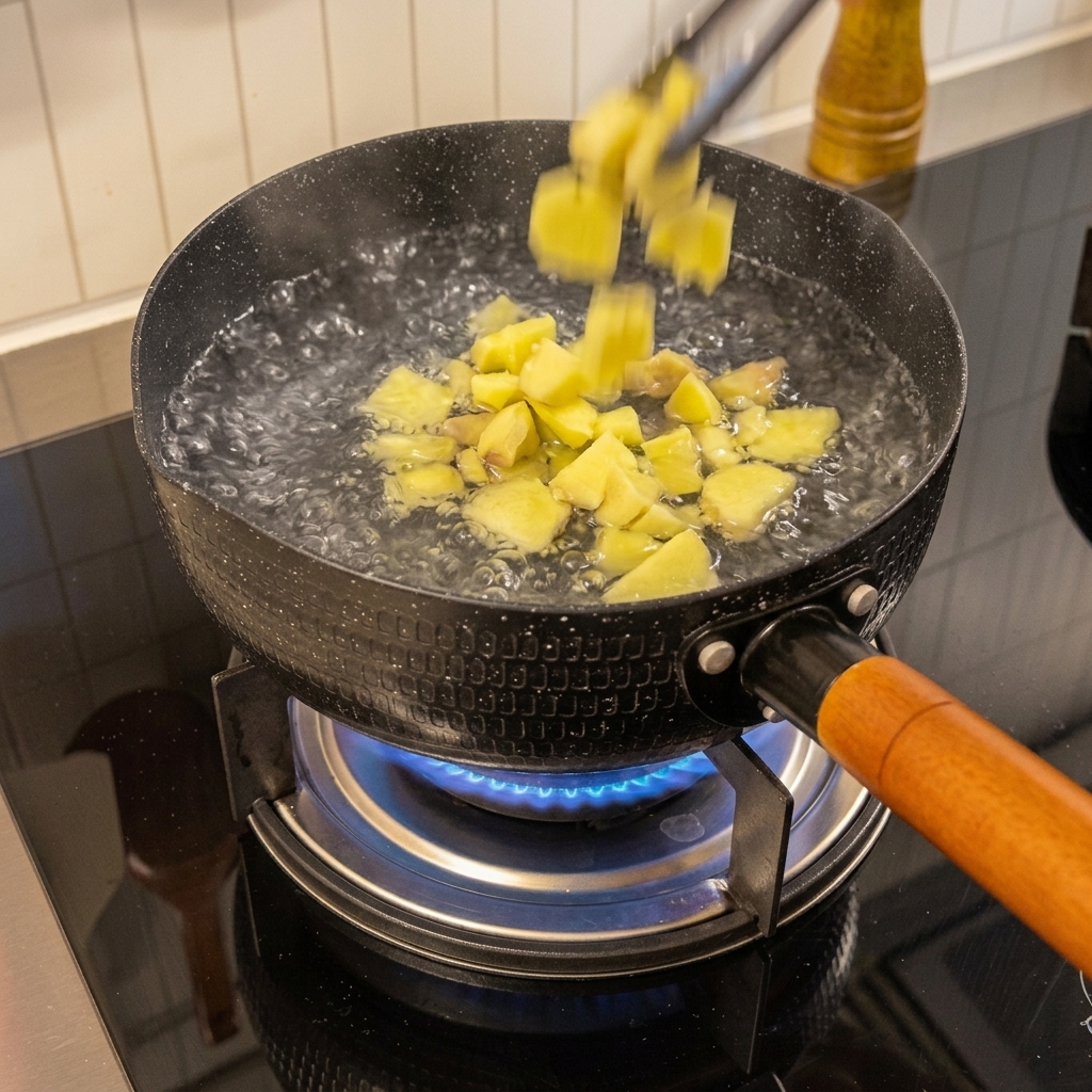 Des morceaux de gingembre hachés jetés dans une casserole deau bouillante sur une plaque de cuisson.