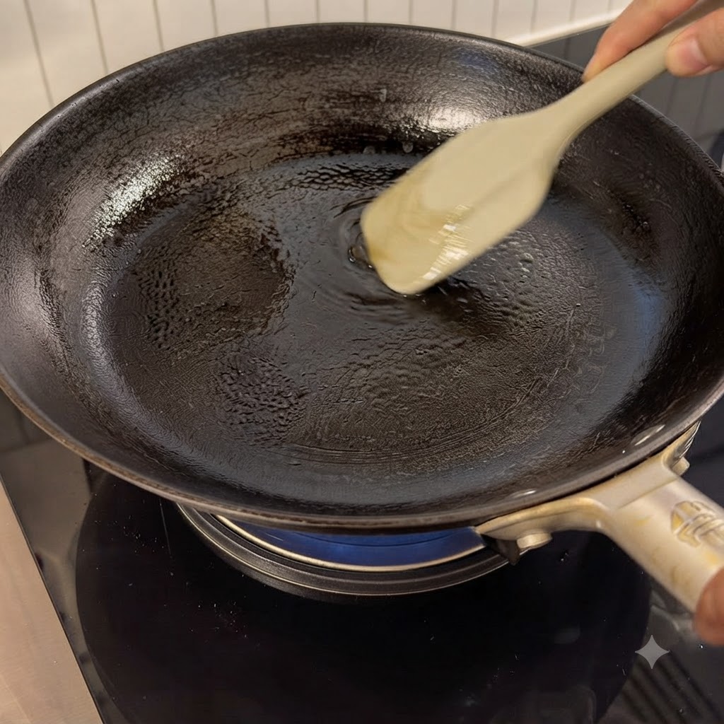 Une poêle noire avec de lhuile de cuisson remuée à laide dune spatule en silicone sur un brûleur.
