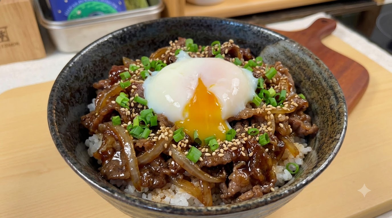 Un bol de riz au bœuf teriyaki copieux surmonté dun œuf onsen mollet, doignons verts frais et de graines de sésame grillées.