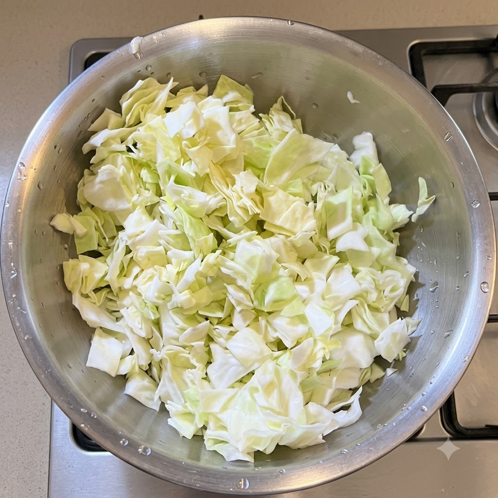 Du chou fraîchement haché empilé à lintérieur dun bol en métal posé sur la cuisinière.