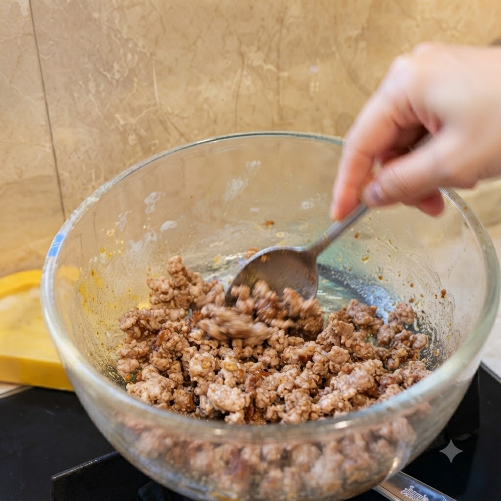 De la viande hachée assaisonnée dans un bol en verre ramassée avec une cuillère.