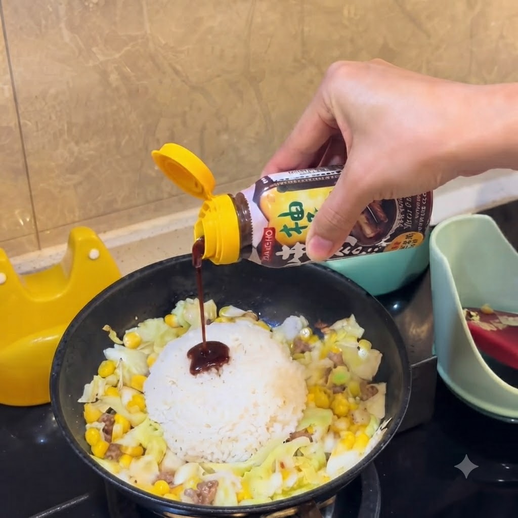 Une bouteille de sauce barbecue savoureuse pressée pour verser une sauce foncée sur le dôme de riz blanc dans la poêle.