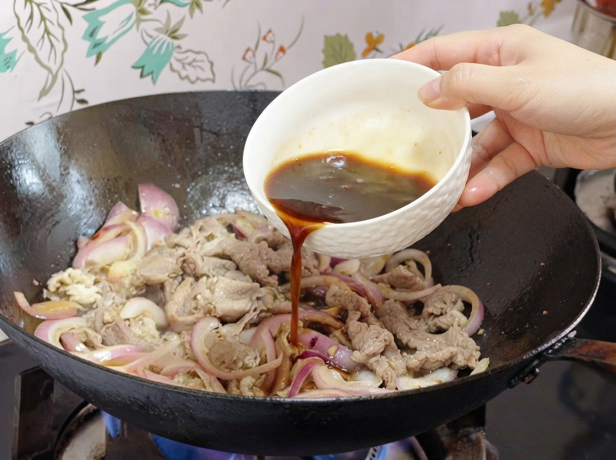 De la sauce versée dun petit bol blanc dans un wok contenant des oignons et des tranches de bœuf.