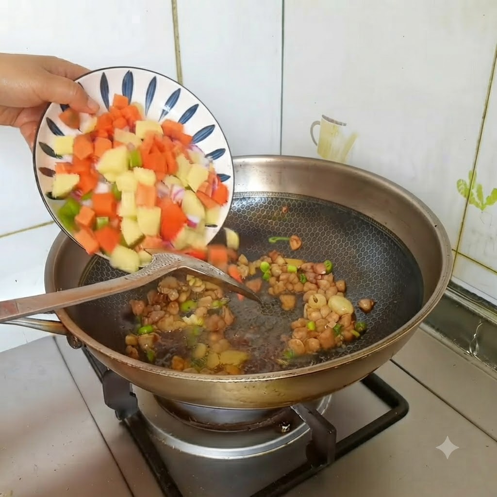 Une assiette de dés colorés de pommes de terre, carottes et poivrons verts ajoutés dans le wok.