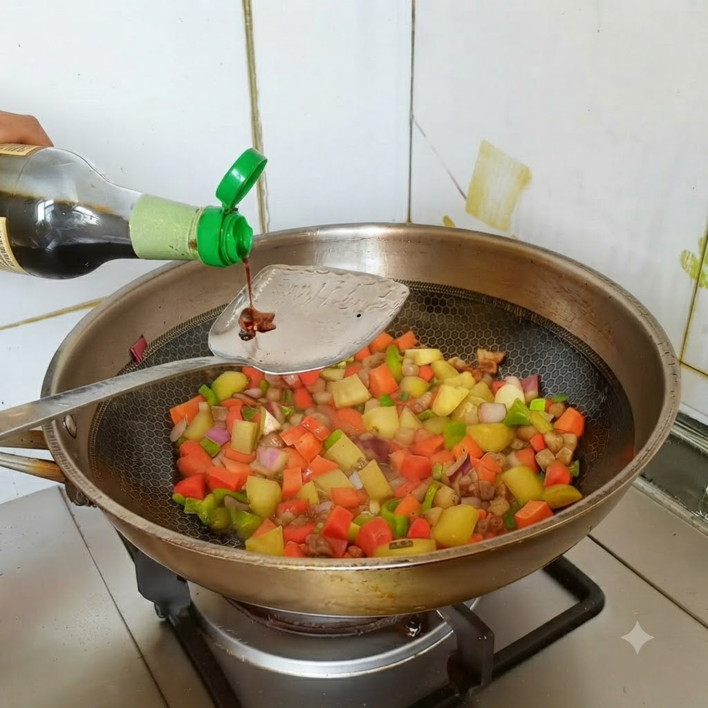 De la sauce soja claire versée dune bouteille sur une spatule au-dessus du mélange de légumes et de viande.
