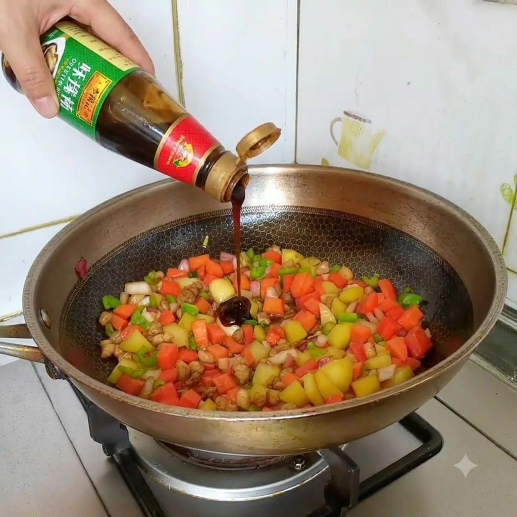 De la sauce huître versée dune bouteille souple directement dans le mélange de légumes en train de sauter.