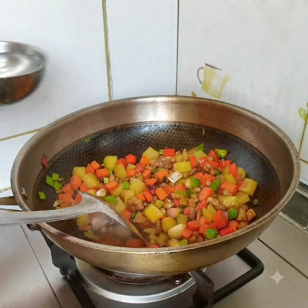 Un petit bol deau versé dans le wok sur les ingrédients avant dajouter le cube de curry.