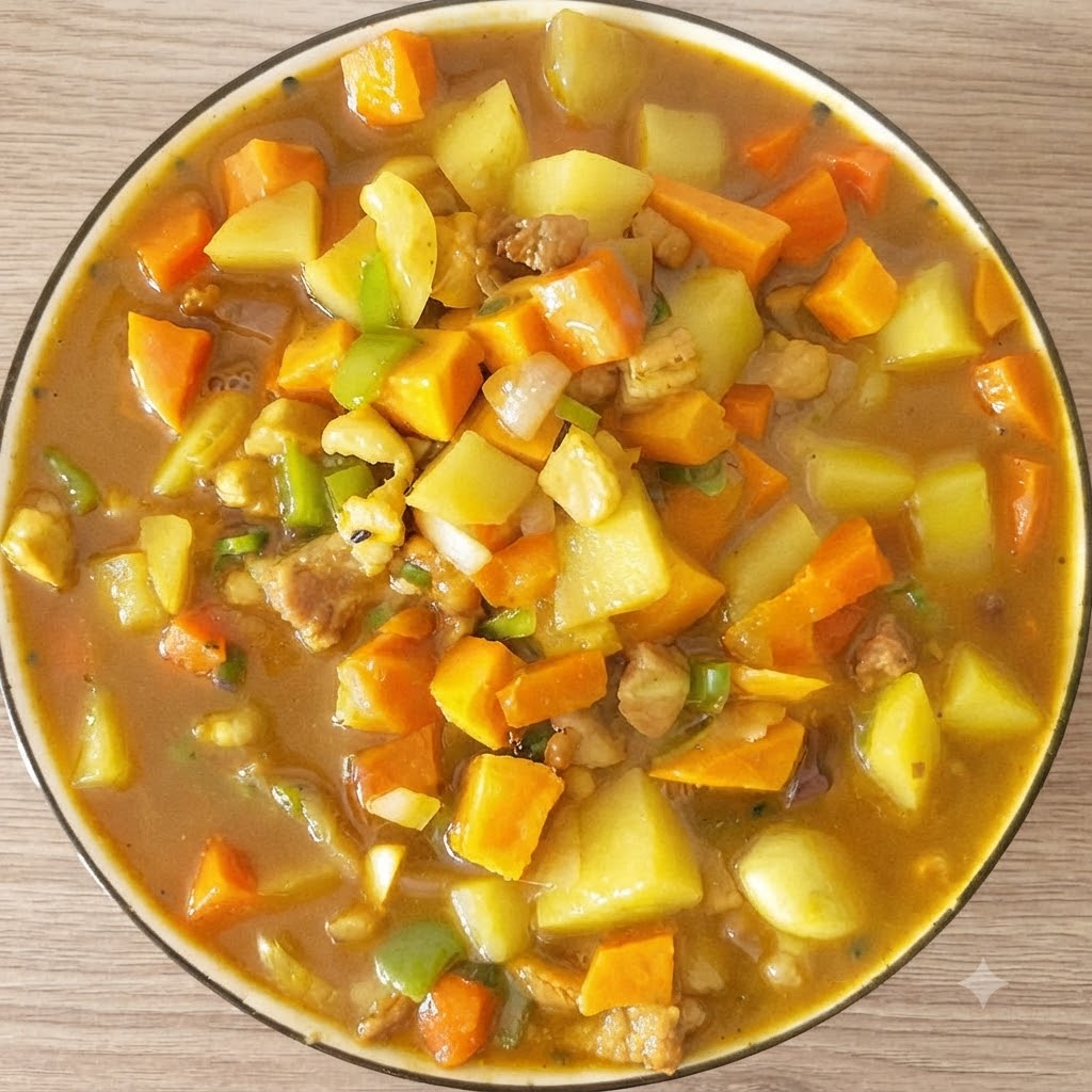Un bloc de curry solide jeté dans un wok frémissant rempli de légumes et de bouillon.