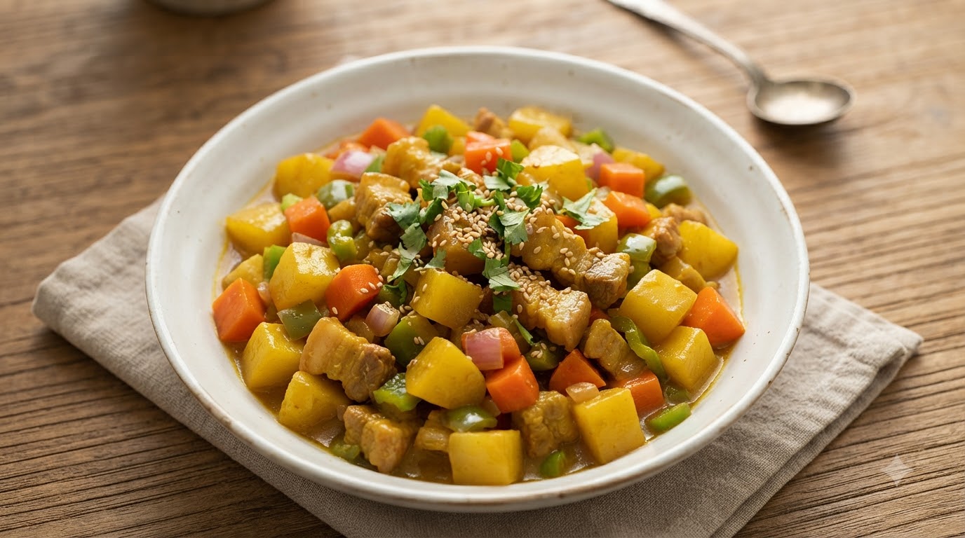 Sauté de Poitrine de Porc aux Pommes de Terre et Curry