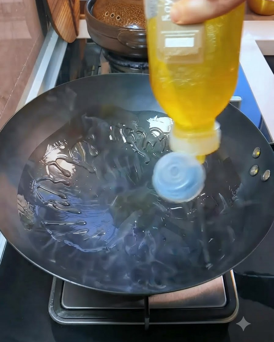 De lhuile de cuisson est pressée dune bouteille jaune dans un wok chaud.cite: 1