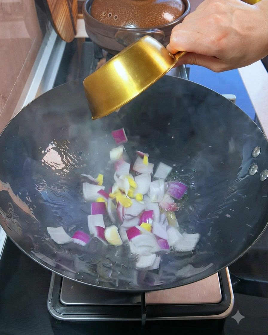 Des oignons rouges en dés et de lail sont versés dun petit bol doré dans un wok contenant de lhuile chaude.cite: 1