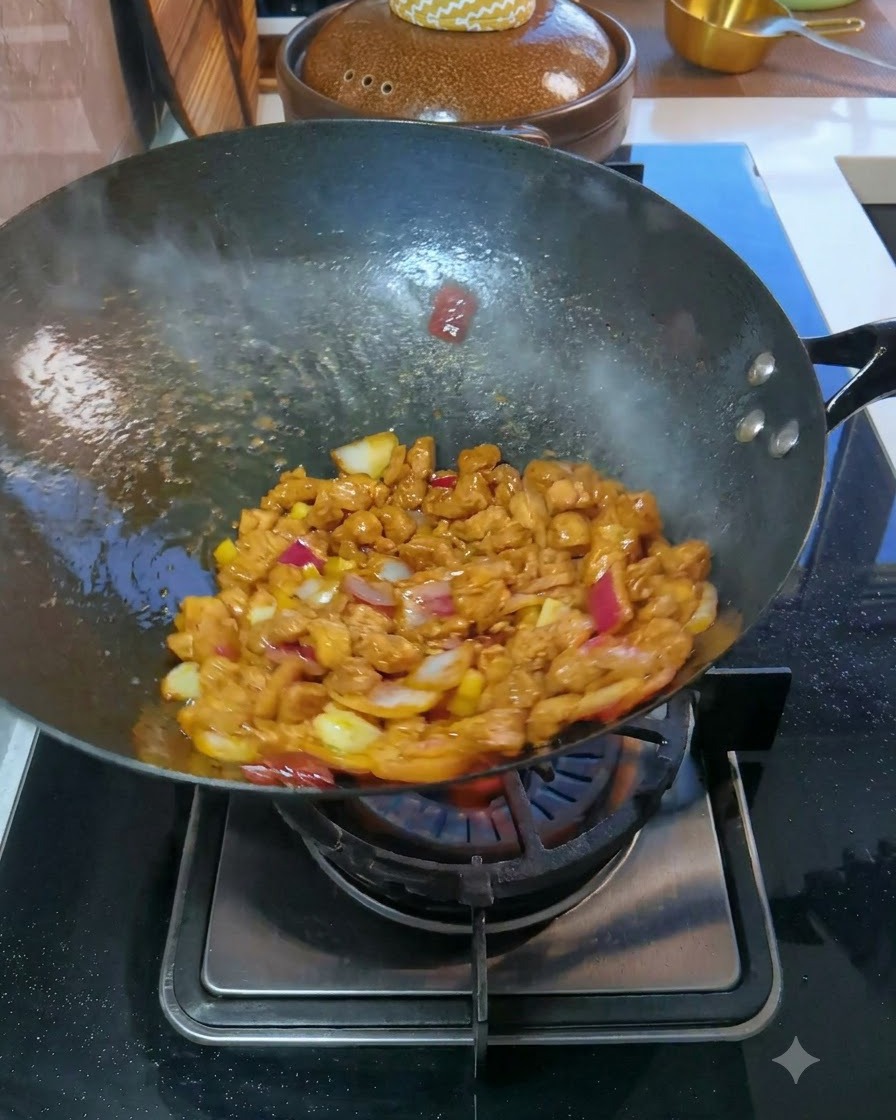 Du porc en dés et des oignons rouges sautent en lair dans un wok chaud sur une flamme de gaz ouverte.cite: 1